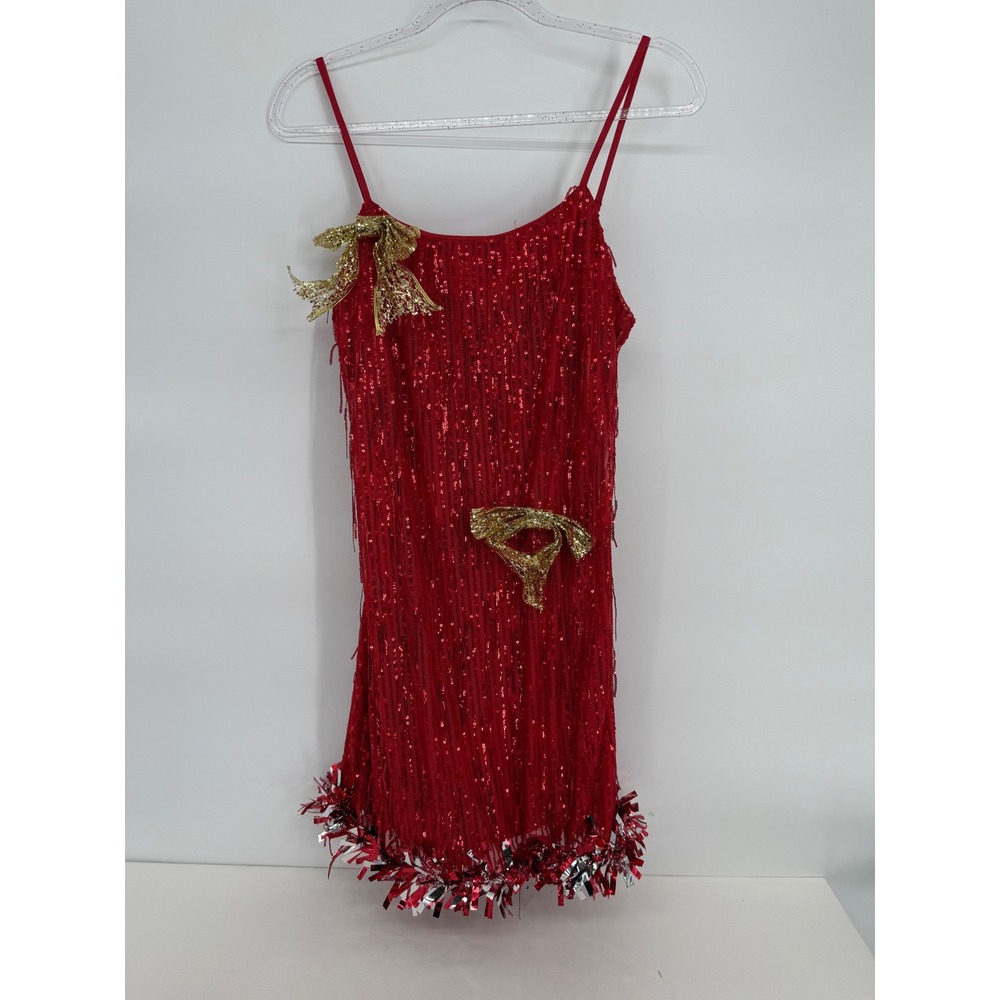 Born Famous Women Red Sequin Fringe Mini Dress Gold Bows Tinsel Hem Sz L